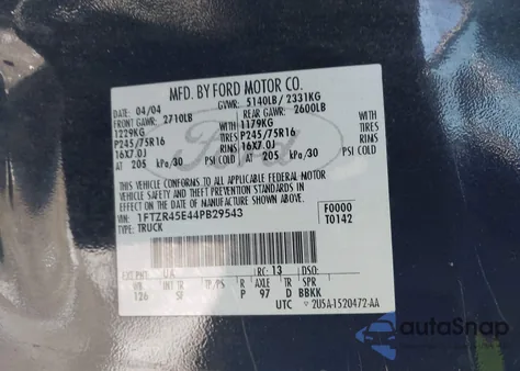 2004 Ford Ranger Edge/Tremor/Xlt из США, поврежденный, VIN 1FTZR45E44PB29543